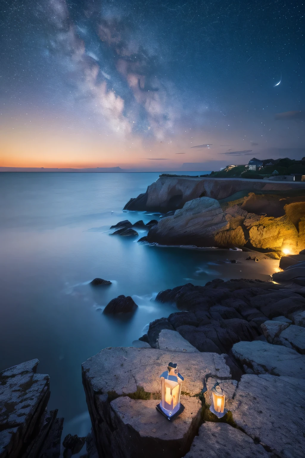 Precise and realistic Beautiful seaside,Starry Sky,Gaze at the stars,Small rocky area,breeze,France, Big shining star３One,night, shooting star,moonlight,Moon&#39;s Water Surface