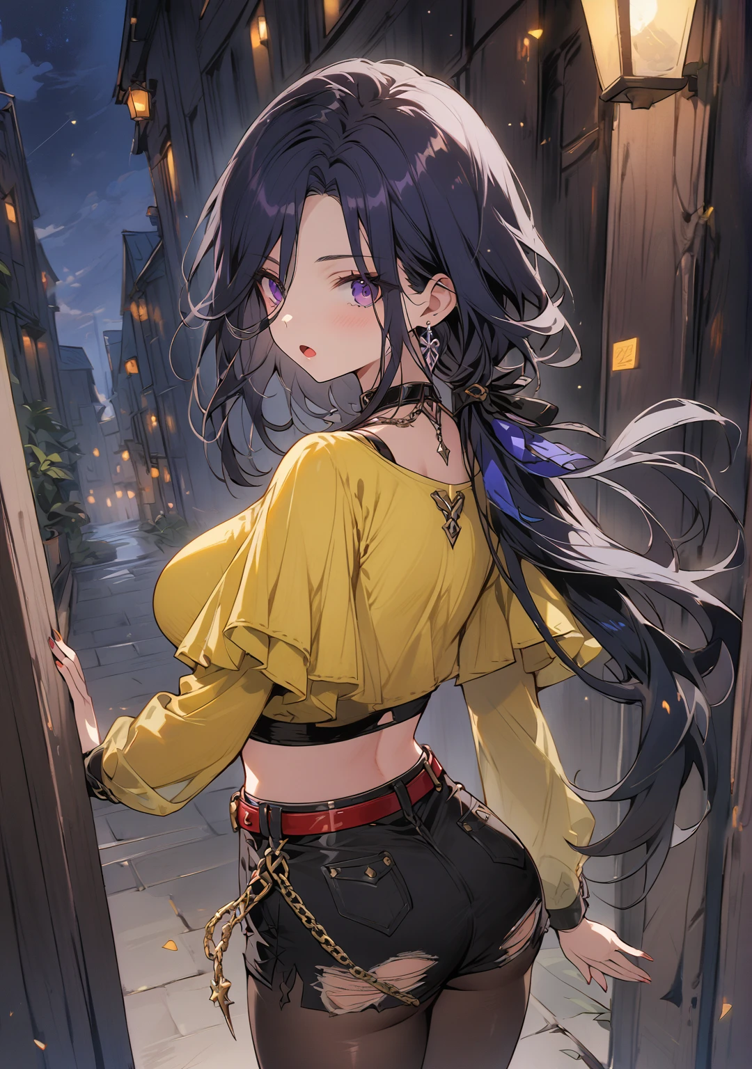 score_9, score_8_above, large breasts, 1 girl, Alone, solo, BREAK Clorinde, Genshin impact, dark blue hair, long hair, low ponytail, original hair style, bright purple eyes, \(CLOTHES\), alternate costume, lipstick, Sexy crop top, long sleeve, off shoulder, Yellow top, high-heel ankle boots, ripped shorts, black shorts, belt with chain, shiny red belt, black pantyhose, choker, bewitching thighs, see-through navel, armpits, gleaming, skin-tight, shiny skin, chest outline, \(BREAK\), surprised look, :o, open mouth, standing, from behind, looking at the viewer, \(BREAK\), outside, night, dark sky, starbursts, heart