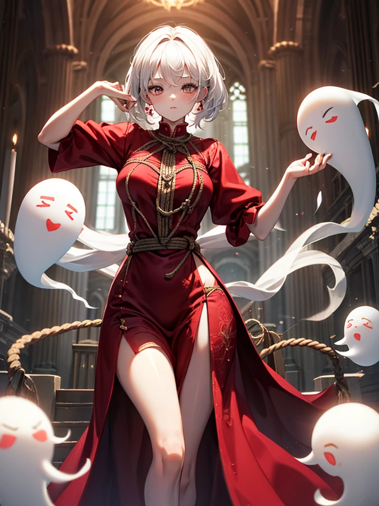 dancer, red dresses doll, showing off, masterpieces, HD, 16K, white hair, white eyes, rope, scale up, perfect body shape, ghost, spirit, children, , cute
