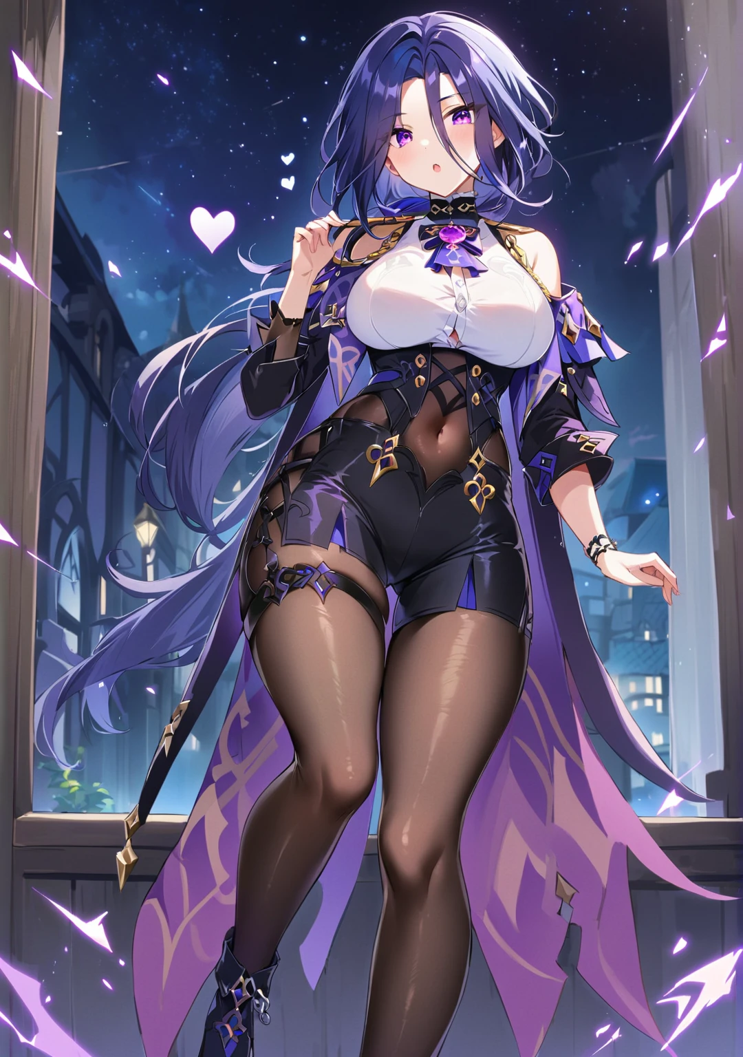 score_9, score_8_above, large breasts, 1 girl, Alone, solo, BREAK Clorinde, Genshin impact, dark blue hair, long hair, low ponytail, original hair style, bright purple eyes, \(CLOTHES\), alternate costume, lipstick, Sexy crop top, long sleeve, off shoulder, Yellow top, high-heel ankle boots, ripped shorts, black shorts, belt with chain, shiny red belt, black pantyhose, choker, bewitching thighs, see-through navel, armpits, gleaming, skin-tight, shiny skin, chest outline, \(BREAK\), surprised look, :o, open mouth, standing, from behind, looking at the viewer, \(BREAK\), outside, night, dark sky, starbursts, heart