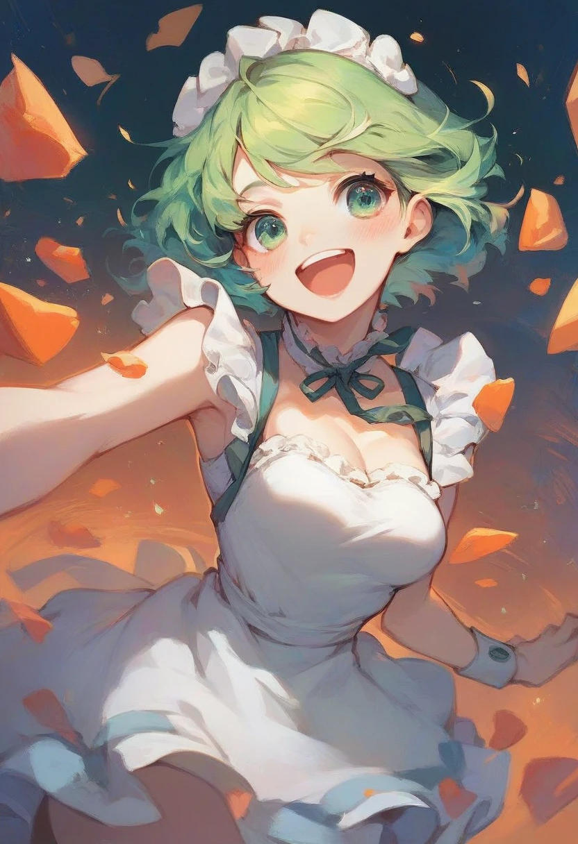 Score_9, Score_8_up, Score_7_up,1girl ,green eyes,green hair,short maid dress ,pale skin,(high resolution, high detail, best quality), open mouth,smile,happy, 
blushes, gluttonous, medium breasts