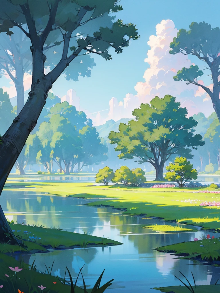 Draw a place filled with beautiful flowers have crystal clear lakes and rivers have blur sky greenish grass beautiful trees and a small village with lightning