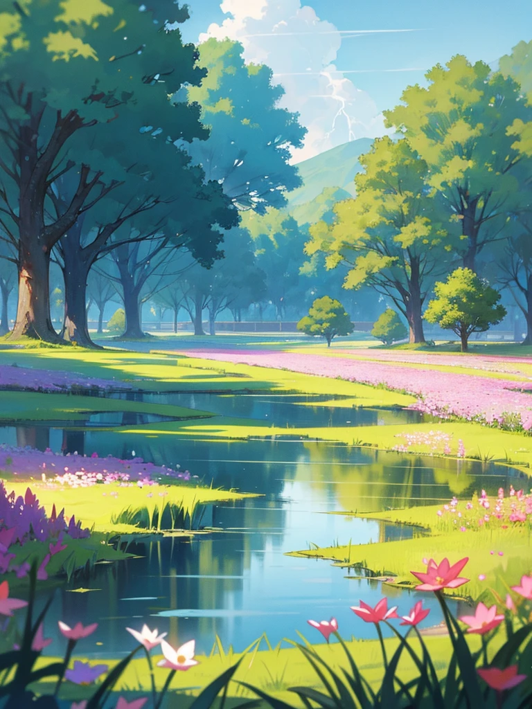Draw a place filled with beautiful flowers have crystal clear lakes and rivers have blur sky greenish grass beautiful trees and a small village with lightning 
