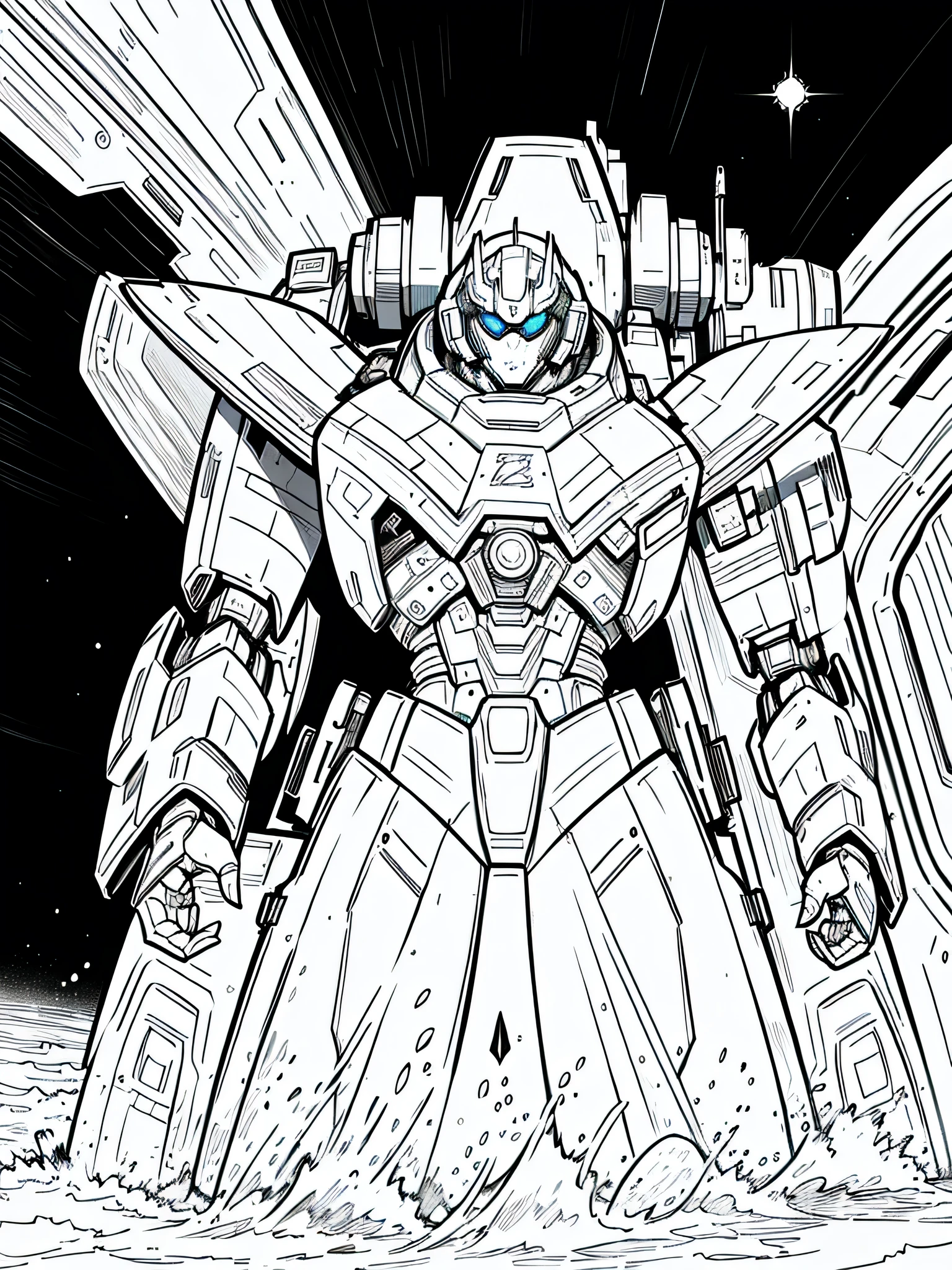 masterpiece, Best Quality, a mecha in sidereal space, closeup Line art, monochrome, clean lines, black and white, his summer, coloring book page,