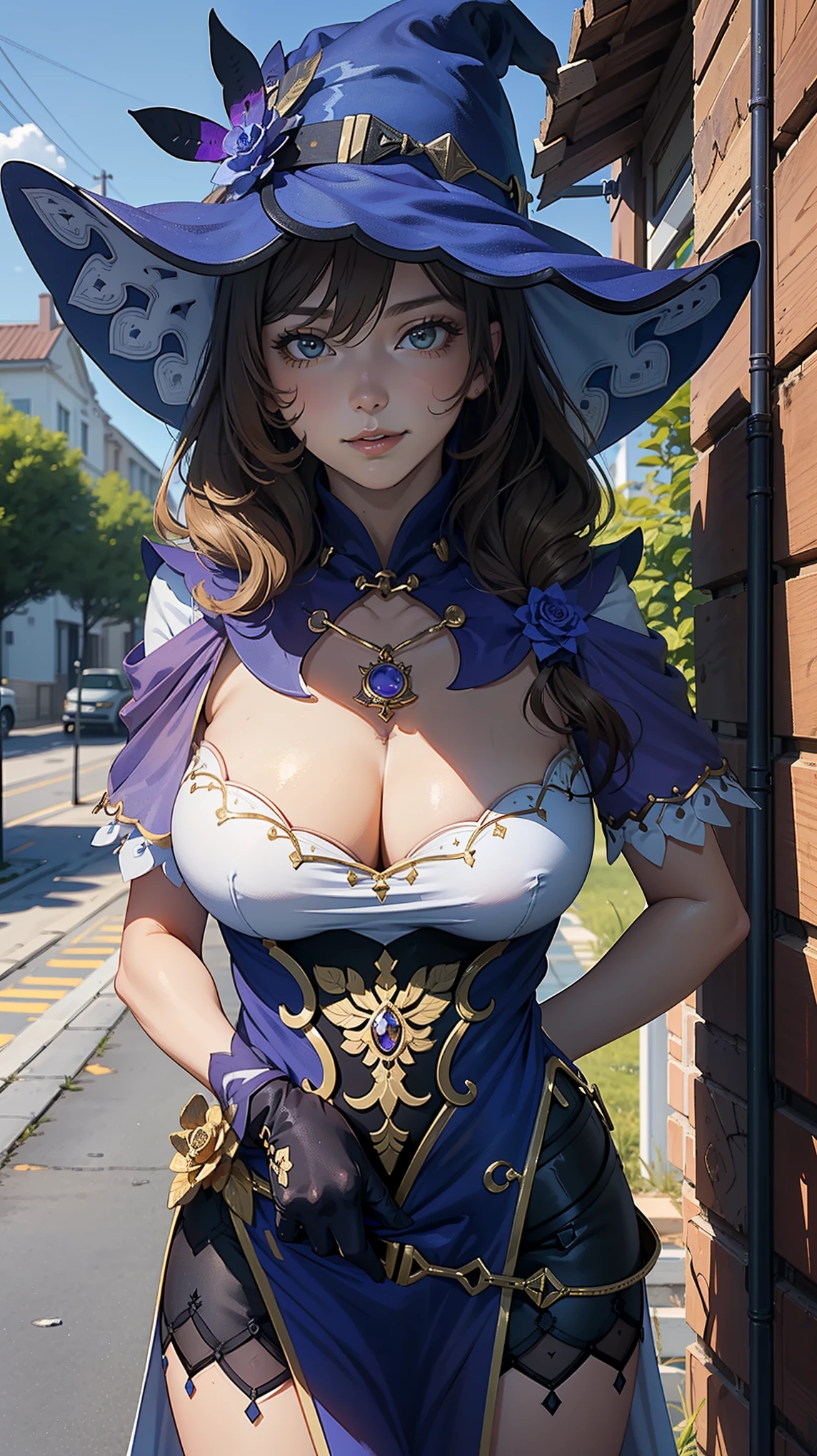 (Girl),(lisadef),masterpiece,huge breast, outdoors, looking at viewer, detail eyes, detail face, standing, smile, (from front:1.8), upper body shot,(detailed face), (cleavage),