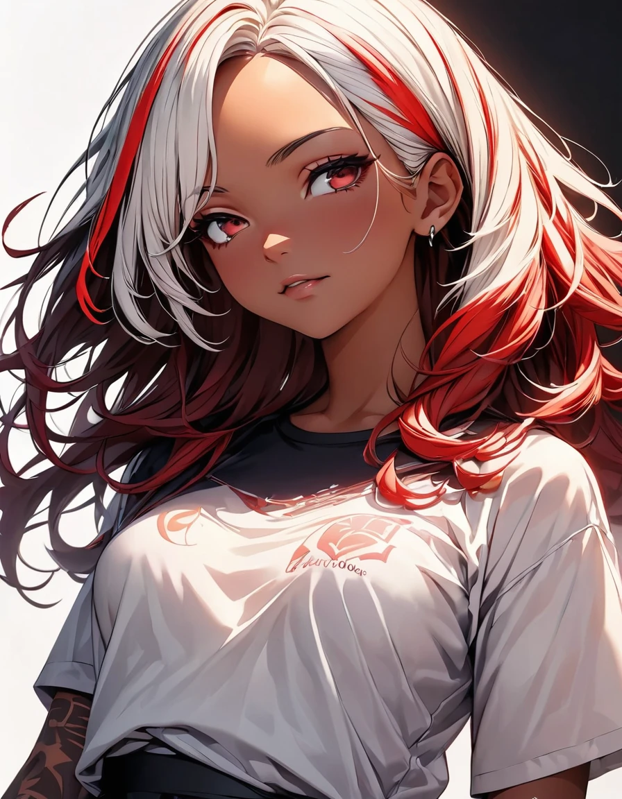 (highest quality:1.2, Very detailed, up to date, Vibrant, Ultra-high resolution, High Contrast, masterpiece:1.2, highest quality, Best aesthetics), Portraiture、girl, (solo), singer、Rock Music、medium wave hair、(red hair and white hair:1.3), ((streaked hair:1.6)), highlights hair: 1.5, red eyes, slim body, medium breast, (tan skin:1.1), look far away, Bright colors、Beautiful fine details、Beautiful lip detail、Edgy Style、(black Skirt-style-bikini)、loose fit, standing, from front、vocal, (Floral Fineline tattoo design on left arm:1), (cowboy-shot:1.1), (No background:1.5), ((Plain white background:1.6)),