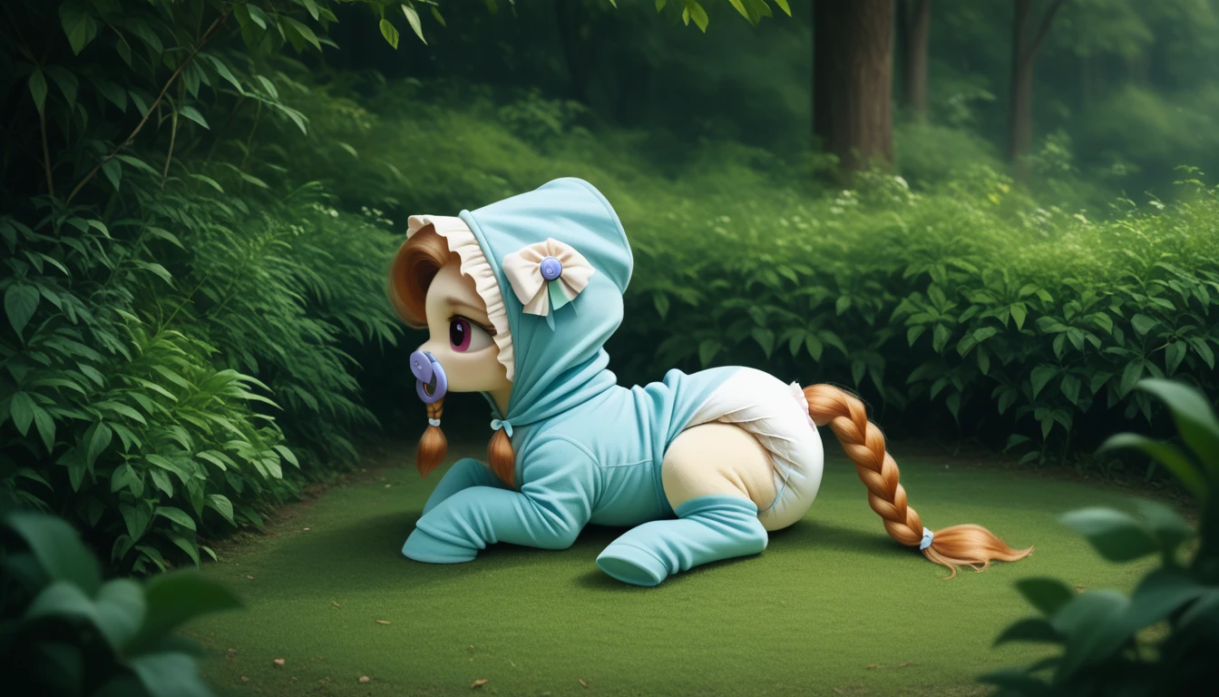 pony, beige earth pony, no horn, no wings, adult filly, lush mane braided into a braid, lush tail, sitting on a soft play mat, dressed in an onesie, bonnet and booties, pacifier in the mouth, solo, thick diaper under clothes. 