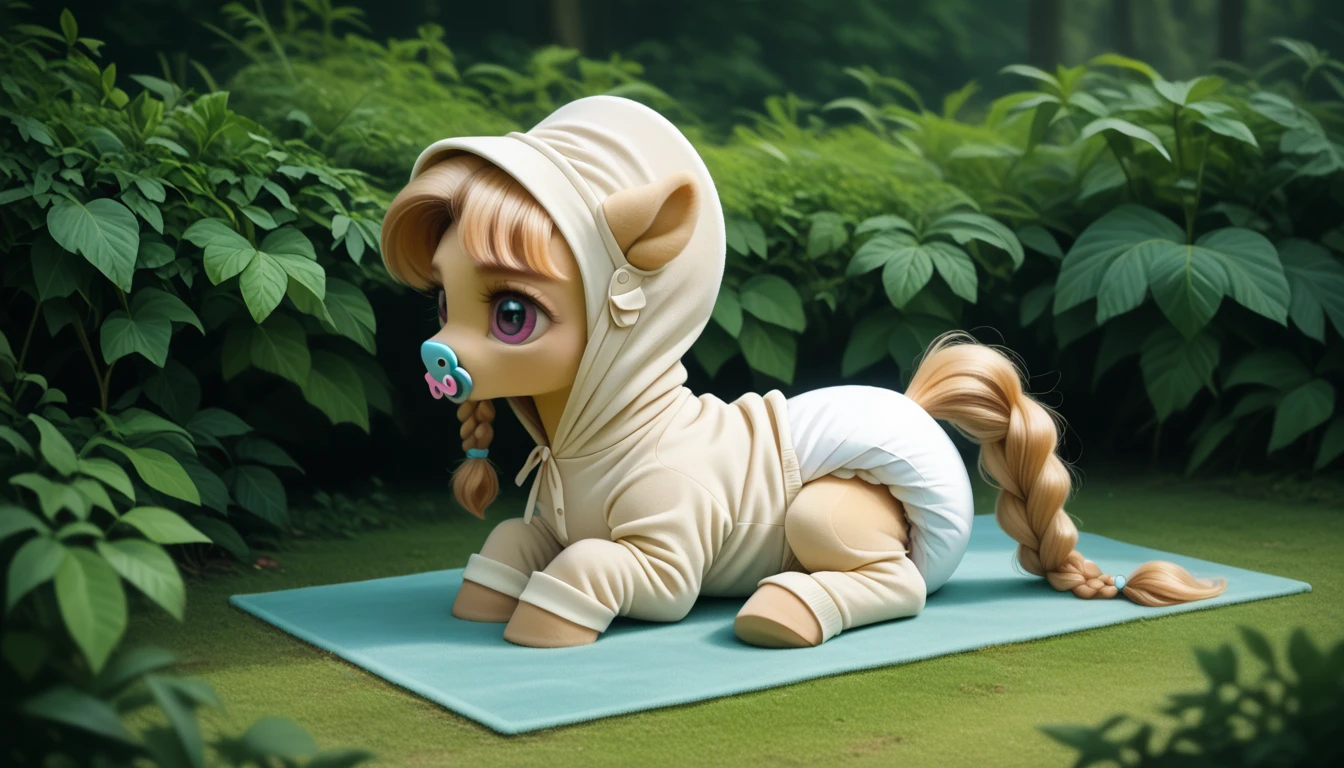 pony, beige earth pony, no horn, no wings, adult filly, lush mane braided into a braid, lush tail, sitting on a soft play mat, dressed in an onesie, bonnet and booties, pacifier in the mouth, solo, thick diaper under clothes.