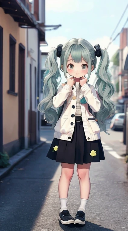 masterpiece , Highest quality,Nahida(Genshin Impact) ,One girl , Small breasts,Long Hair ,Side Ponytail, hair ornaments , Gray Hair , Green Hair , Place your hands behind your head:1.5,Multicolored Hair, Fairy , Pointed Ears ,  , skirt ,cardigan,road , street,Looking at the audience