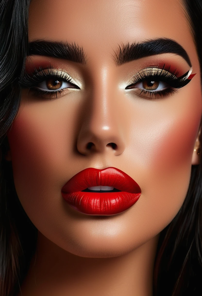A waist-up portrait of a beautiful female whose face combines features of Demi Lovato + Dua Lipa. The female has lovely makeup on her face. The female wears red lipstick. Symmetrical eyes. Symmetrical face. Lovely details. Photorealistic. Full-colored photo. Professional photo. Highly detailed 8K.