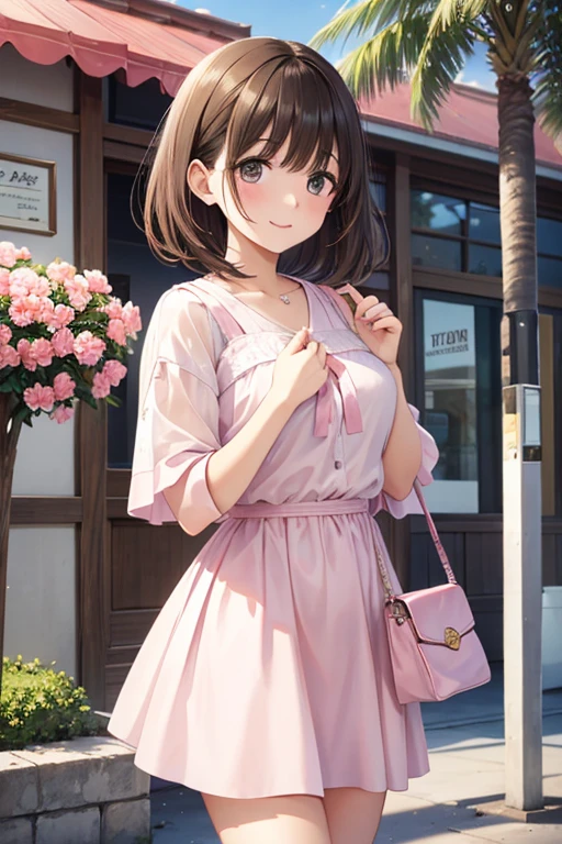 Maho Nishizumi,
Pink Swimsuit,Pink Skirt,
Semi-short hair,Brown Hair,Brown Eyes,Small breasts,
Smiling expression,from the front,Summer season,Holding the product,money,Cashier counter,
Seaside,stand,Standing posture,At least one shoulder bag,
Beautiful image quality,