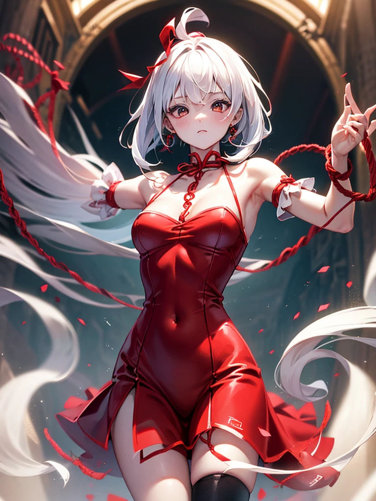 dancer, red dresses doll, showing off, masterpieces, HD, 16K, white hair, white eyes, red rope, scale up, perfect body shape, ghost, spirit, children, , cute, spiral, red ribbon