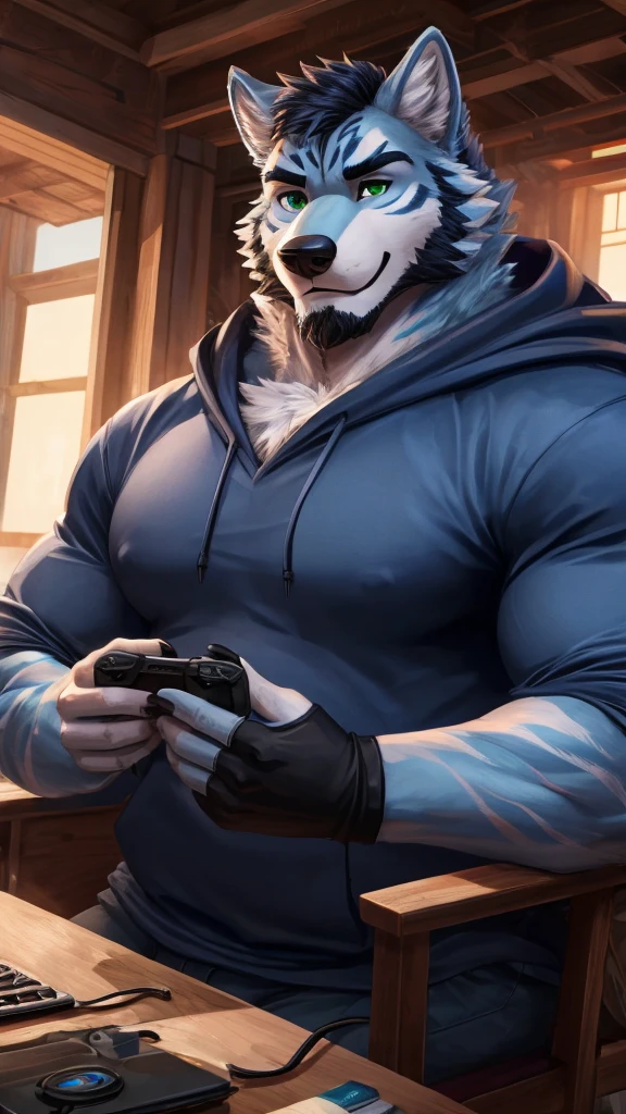 ((Ultra High Quality)), ((masterpiece)), ((Ultra detailed)), ((4k)).
Anthro , Wolf , Handsome Wolf , Light Blue Wolf , Light Blue Fur , Black Short Hair , Black Beard , Tiger Stripe , Handsone , Good Looking , Green Eyes ,(Eyes Details), Middle Ages , Huge Pecs , Bodybuilder with Fat , Pose Gaming , Dark Blue Hoodies , Dark Blue Shirt , Headphone , Sunglasses , Headphone Neck , Black Gloves