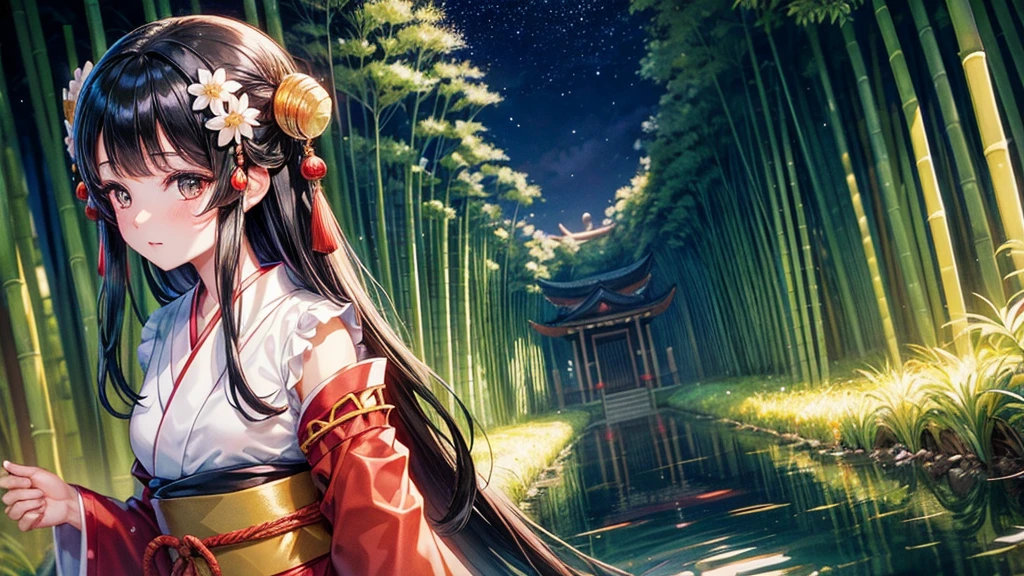 One girl, Black Hair, Brown eyes, Wearing a beautiful Japanese kimono, Princess Kaguya,hair ornaments, Bamboo grove, bamboo forest, View your viewers, night, star (null), Ruffle sleeves, null, night null,night,High resolution, Super sharp, 8k, masterpiece