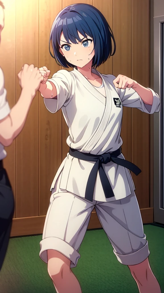 ((masterpiece, Highest quality, Very detailed, Very nice 8K CG wallpaper)), , A little thick, Medium Hair, Blue Hair, short hair, blue eyes,judo player、長袖judo着、Large bust、ロングjudoパンツ、judo、Serious expression、Inside the judo Gymnasium、、On the tatami、discovery、One Girl、Combat Stance、A tough fight、haruka kiritani、Bust Size C Cup、Clenched hands(punch:1.3)、Spread your legs、Sweating