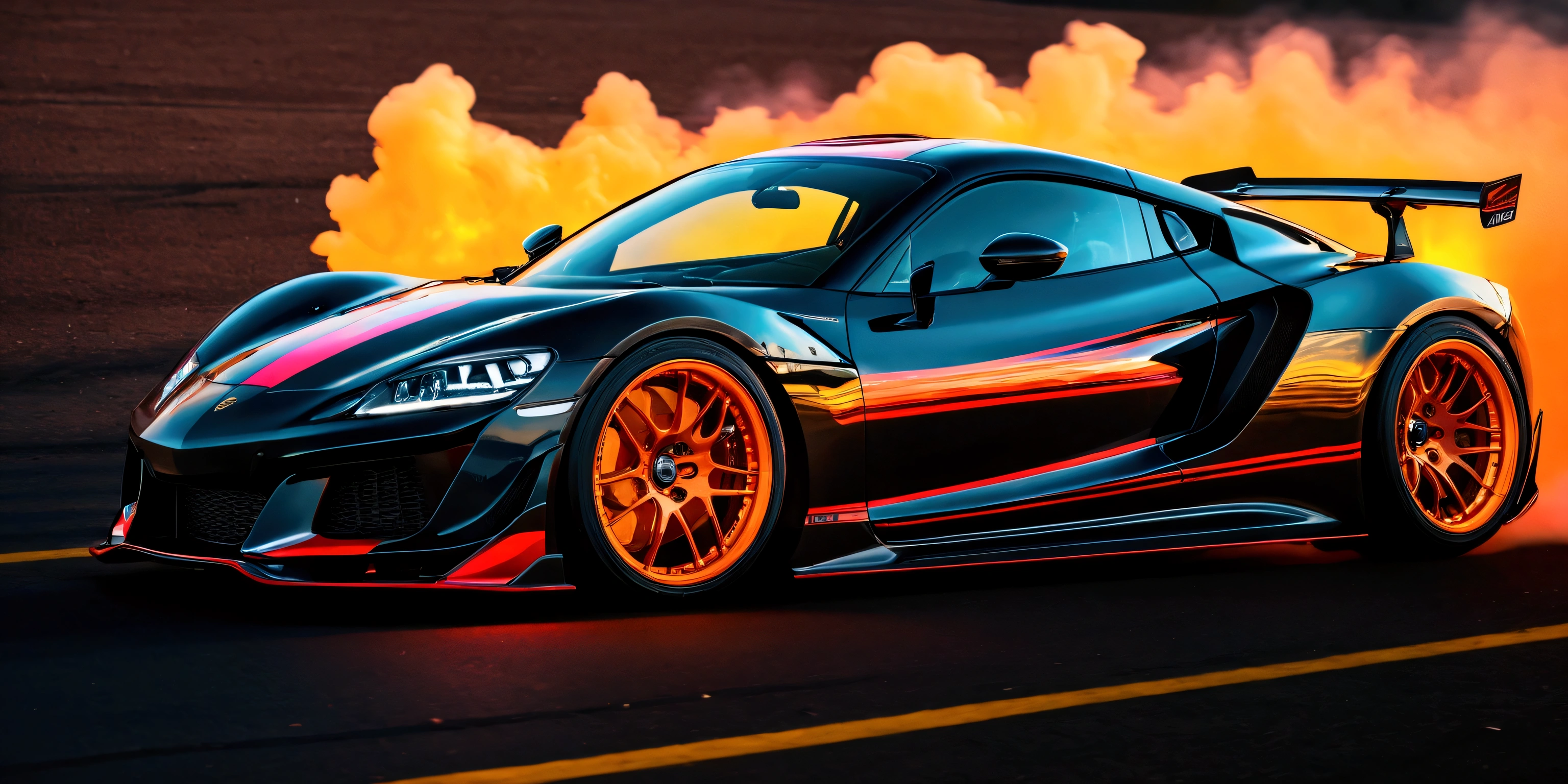 Angelic sports car, sharp, detailed car body ,ethereal art, detailed tires, fire scene, (masterpiece, best quality, ultra-detailed, 8K), race car, street racing-inspired, Drifting inspired, LED, ((Twin headlights)), (((Bright neon color racing stripes))), (Black racing wheels), Wheel spin showing motion, Show car in motion, Burnout,  wide body kit, modified car,  racing livery, masterpiece, best quality, realistic, ultra high res, (((depth of field))), (full dual color neon lights:1.2), (hard dual color lighting:1.4), (detailed background), (masterpiece:1.2), (ultra detailed), (best quality), intricate, comprehensive cinematic, magical photography, (gradients), glossy, Fast action style, fire out of tail pipes, Sideways drifting in to a turns, Neon galaxy metalic paint with race stripes, GTR Nismo, NSX, Porsche, Lamborghini, Ferrari, Bugatti, Ariel Atom, BMW, Audi, Mazda, Toyota supra, Lamborghini Aventador,  aesthetic, intricate, realistic, cinematic lighting,