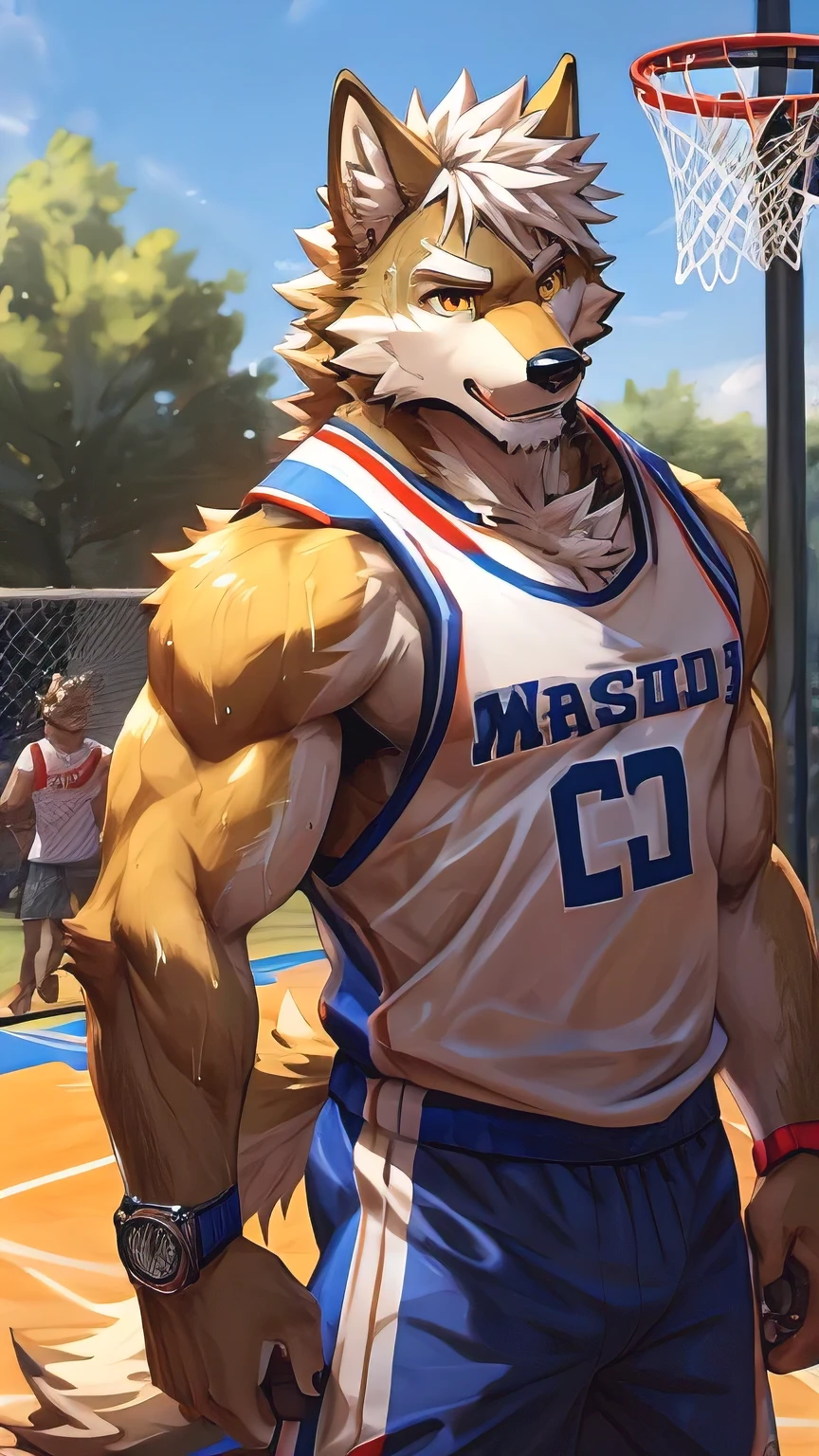masterpiece, best quality, 8K resolution, Very detailed, hairy,Golden Eyes,White hair,short hair,student,Playground background,sweat,Water in hand,Wolf,Golden fur,watch,wristband,basketball