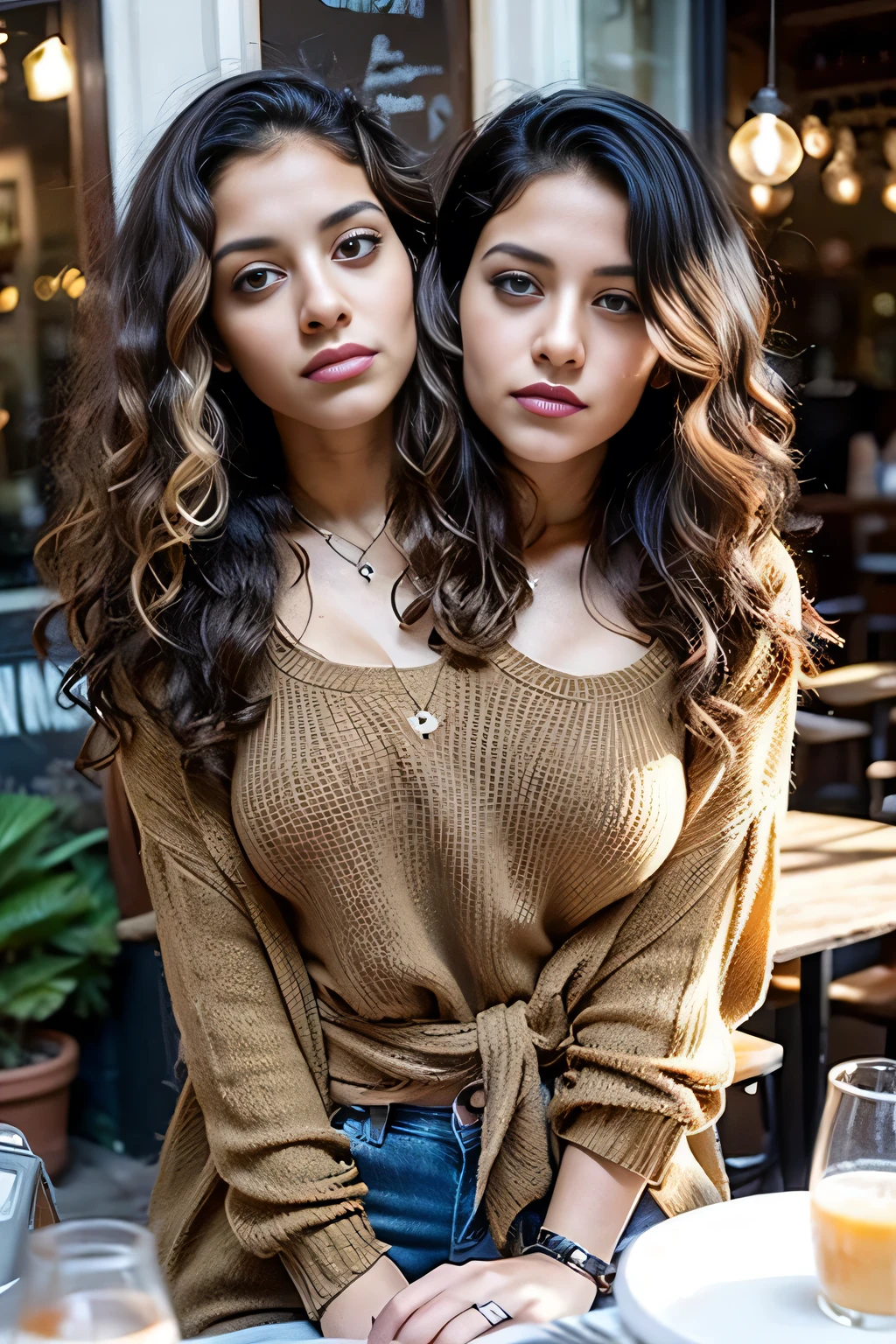 2heads, female couple, age 28, two heads on one body, conjoined, one torso, hipsters, Latina, curly hair, grunge fashion, at a cafe