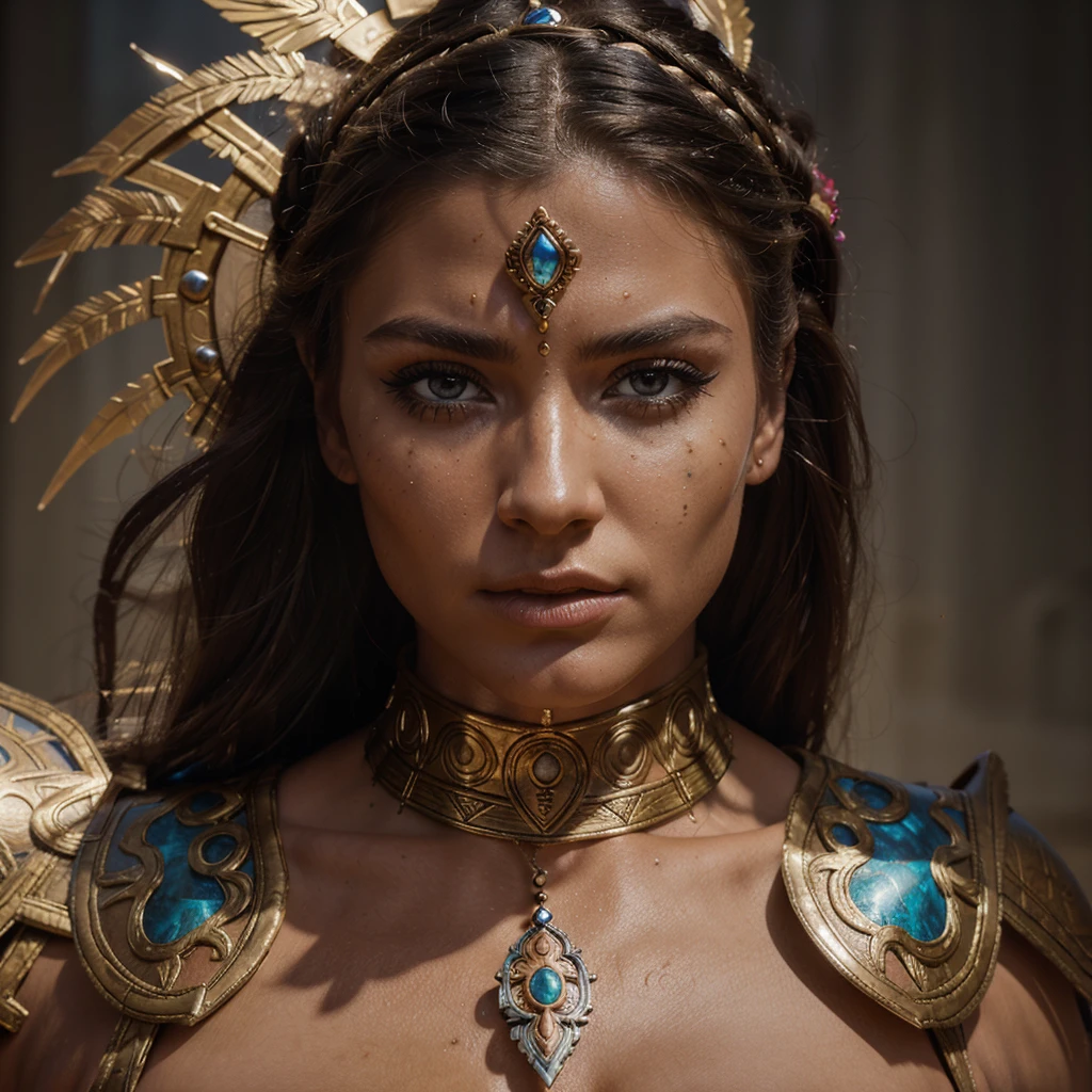 a supermodel caucasian aztec war goddess, female warrior in battle pose, detailed face, detailed eyes, detailed lips, long eyelashes, intricate headpiece, ornate jewelry, muscular physique, battle armor, dramatic lighting, cinematic composition, epic fantasy, vibrant colors, chiaroscuro lighting, oil painting