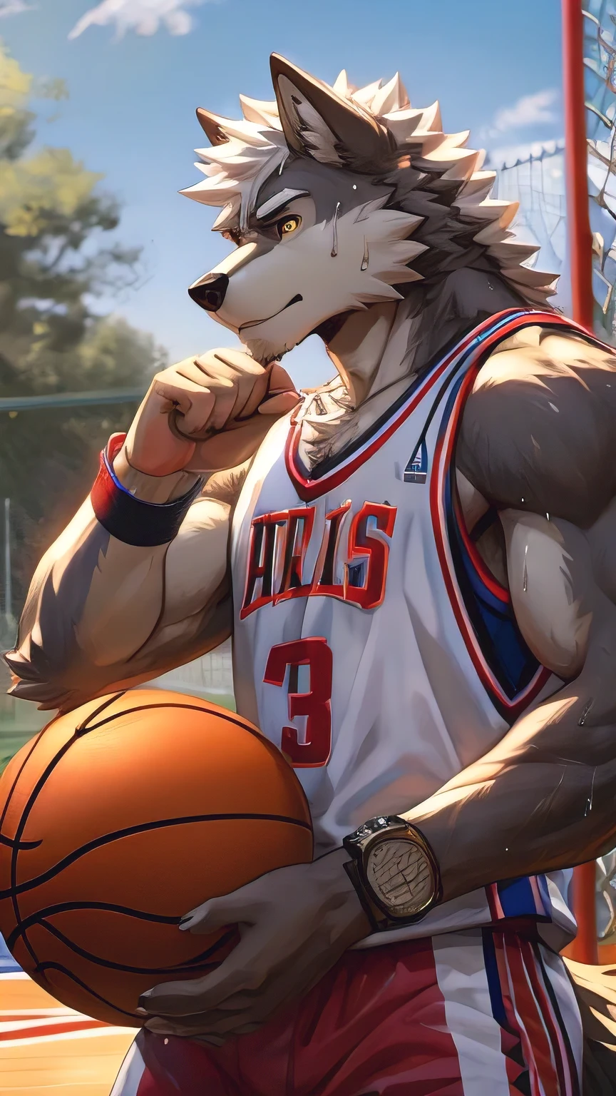 masterpiece, best quality, 8K resolution, Very detailed, hairy，Golden Eyes,White hair,short hair,student,Playground background,sweat,Water in hand,Wolf,Golden fur,watch,wristband,basketball
