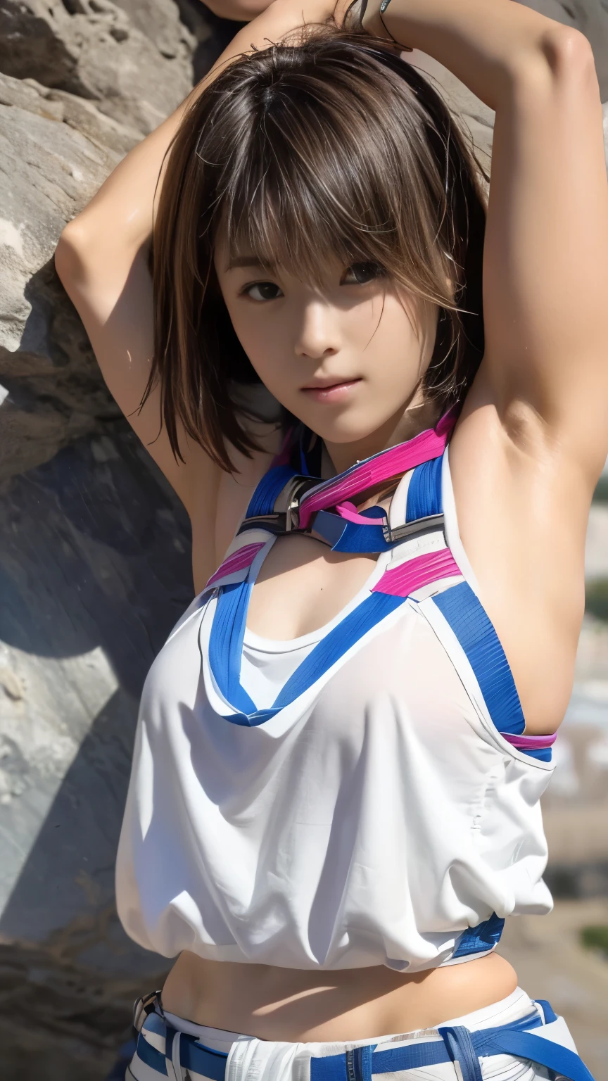 (((Female climber competing in Olympic bouldering competition))),(((Perfect Anatomyに基づいた四肢を丁寧に描写する4K撮影))),A bouldering stadium was set up in Paris, where participants use their hands and feet to tackle the many colorful holds placed on a 20-meter-high artificial wall, using only their bare hands and climbing shoes. A large special stadium with spectator seating was also set up, and the stadium was packed with spectators.,A young and beautiful bouldering athlete uses her well-trained limbs to climb the wall in order to reach the top,The overwhelming presence of artificial walls,(((A Japanese athlete with a long, coke-bottle body and a beautiful, slim waist looks up at the wall))),(((Wear a tankini, long leggings and bouldering shoes,(((The harness is attached to the fall prevention belt around the waist and is secured in place.))),(((The well-toned, muscular shoulders and upper arms are a sign of the mountain climb.))),Wild movements and mannerisms,Facing the wall, you grab hold of the protrusions with your hands and feet and try to climb to the top.,A beautiful and elegant bouldering athlete who hates to lose,The audience held their breath and looked up as if praying.,Perfect Anatomyに基づいた四肢を丁寧に描写する:1.6,Urzan-6500,Hasselblad produces deep depth of field for beautiful background bokeh,masterpiece,Highest quality,Ultra-high resolution,Highly detailed portrait,High nose and beautiful face,Model-like limbs,The necklace shines brightly on her fair neck.,((4K shooting captured the essence of the action with a vertical angle looking down from above the wall, including the background)),Cute 20 year old, (((The shiny chestnut colored asymmetrical short hair with a beautiful neckline is sexy.))),Long eyelashes, big eyes and double eyelids,((Glossy thick lips)),(((Perfect Anatomy))),