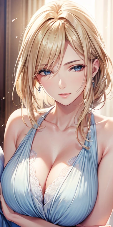 Elegant mature woman, Mature Woman, blue eyes, Blonde, Soft Light, Detailed, 4K resolution, high quality, Beautiful CG,Hug your boyfriend
