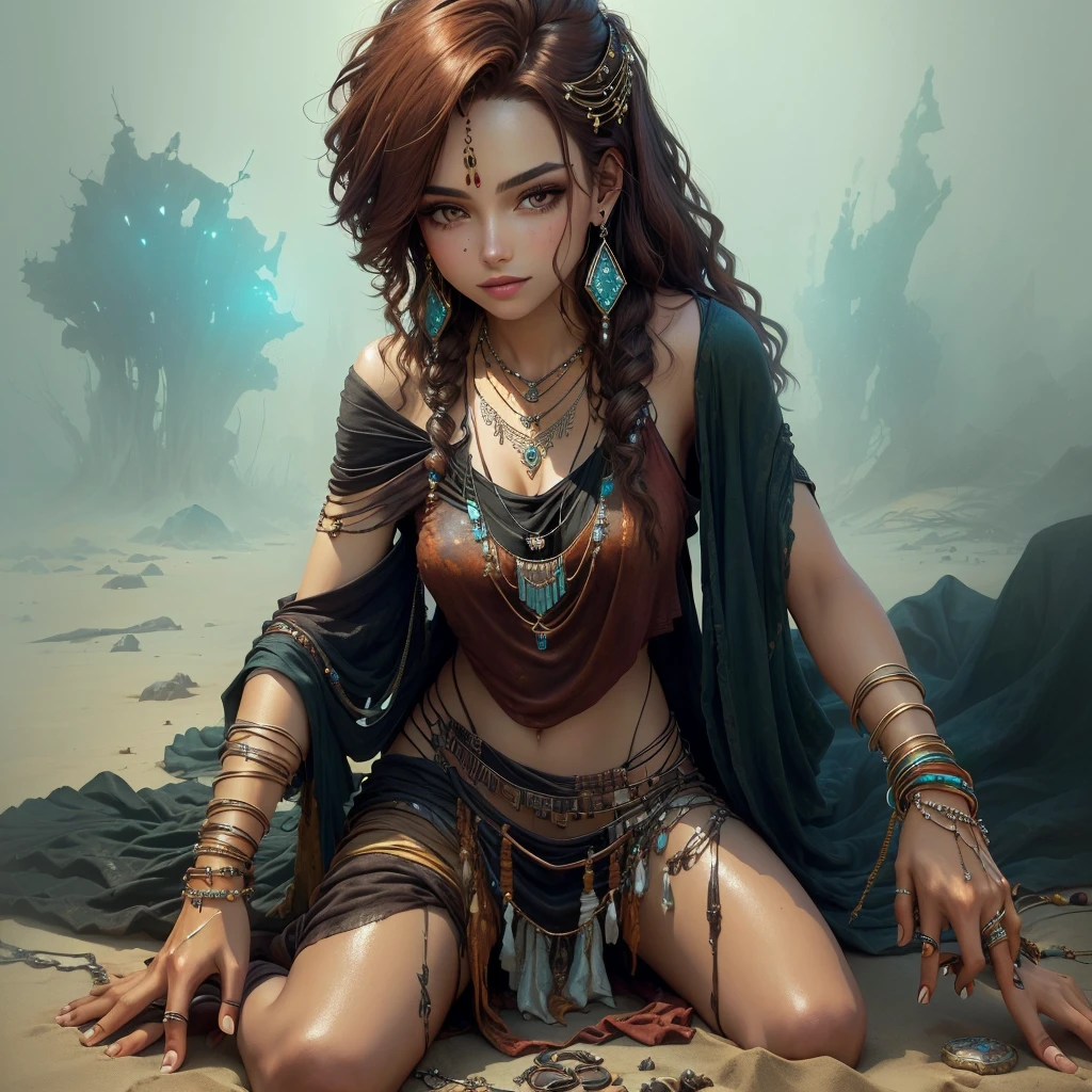 Covered in rusty jewelry, necklace, bracelets, pendants, shiny gems