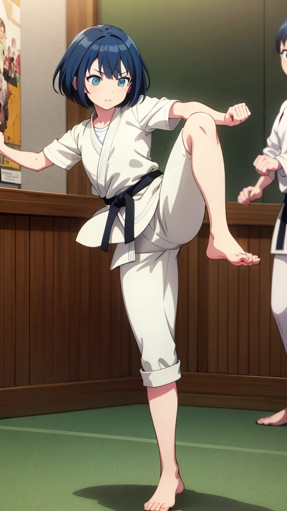 ((masterpiece, Highest quality, Very detailed, Very nice 8K CG wallpaper)), , A little thick, Medium Hair, Blue Hair, short hair, blue eyes,judo player、長袖judo着、Large bust、ロングjudoパンツ、judo、Serious expression、Inside the judo Gymnasium、、On the tatami、discovery、One Girl、Combat Stance、A tough fight、haruka kiritani、Bust Size C Cup、Clenched hands(punch:1.3)、Spread your legs