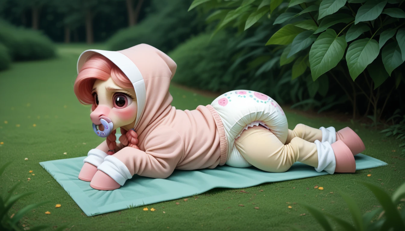 pony, beige earth pony, no horn, no wings, adult filly, lush mane braided into a braid, lush tail, sitting on a soft play mat, dressed in an onesie, bonnet and booties, pacifier in the mouth, solo, thick diaper under clothes, bulge on the back of the diaper, between the hind hooves and on the front of the diaper, sagging diaper, pink blush on cheeks, embarrassment, awkwardness.