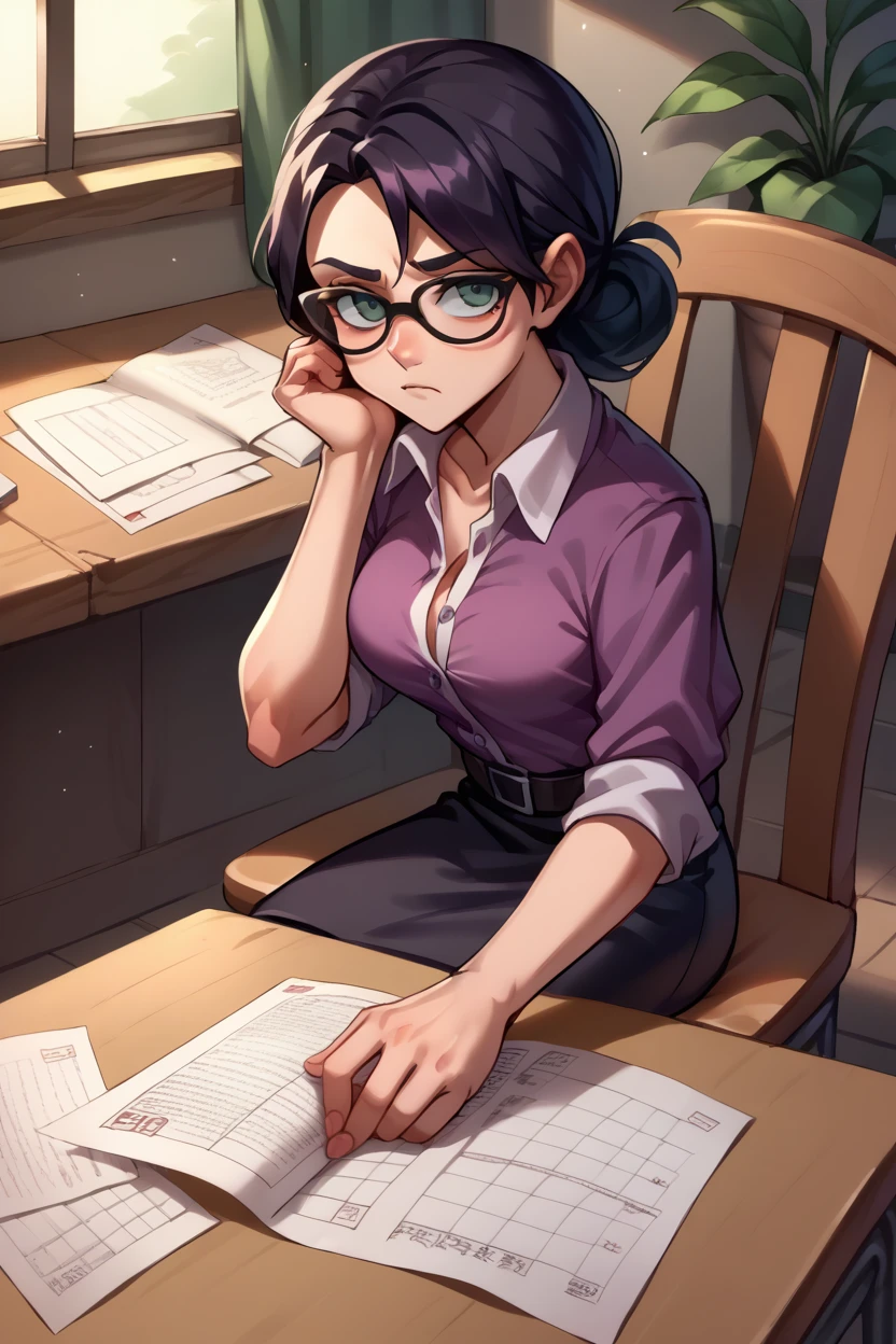 score_9, score_8_up, score_7_up, score_6_up, source_anime, BREAK 1girl,  mspauling, black hair, glasses, purple shirt, buttoned shirt, short sleeves, belt, black skirt, pantyhose, medium breasts, sitting, chair, desk, looking at viewer, paperwork, bored, from side