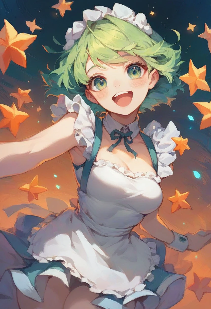 Score_9, Score_8_up, Score_7_up,1girl ,green eyes,green hair,short maid dress ,pale skin,(high resolution, high detail, best quality), open mouth,smile,happy,
blushes, gluttonous, medium breasts