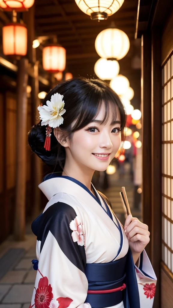 (Super beautiful woman in kimono)、((highest quality、8K masterpiece:1.3))、sharp focus:1.2、(super beautiful face:1.0)、(shiny skin:1.0)、realistic pictures、black hair、video lighting、High resolution eyes and face、video lighting、japanese actress、from the front、with a happy smile、whole body、wearing a kimono、in Kyoto、(luxury obi)、with a fan、Fireworks Display