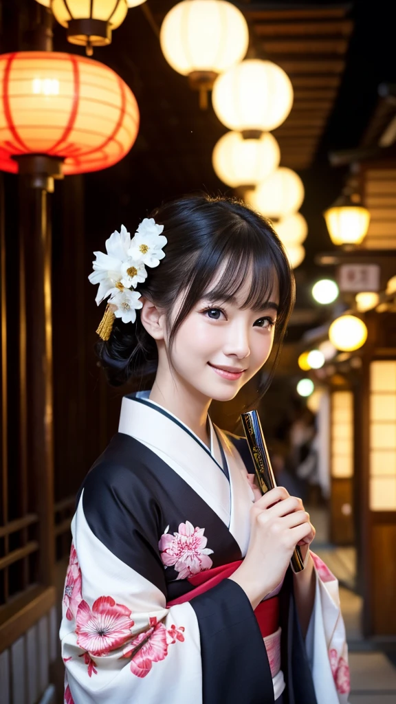 (Super beautiful woman in kimono)、((highest quality、8K masterpiece:1.3))、sharp focus:1.2、(super beautiful face:1.0)、(shiny skin:1.0)、realistic pictures、black hair、video lighting、High resolution eyes and face、video lighting、japanese actress、from the front、with a happy smile、whole body、wearing a kimono、in Kyoto、(luxury obi)、with a fan、Fireworks Display