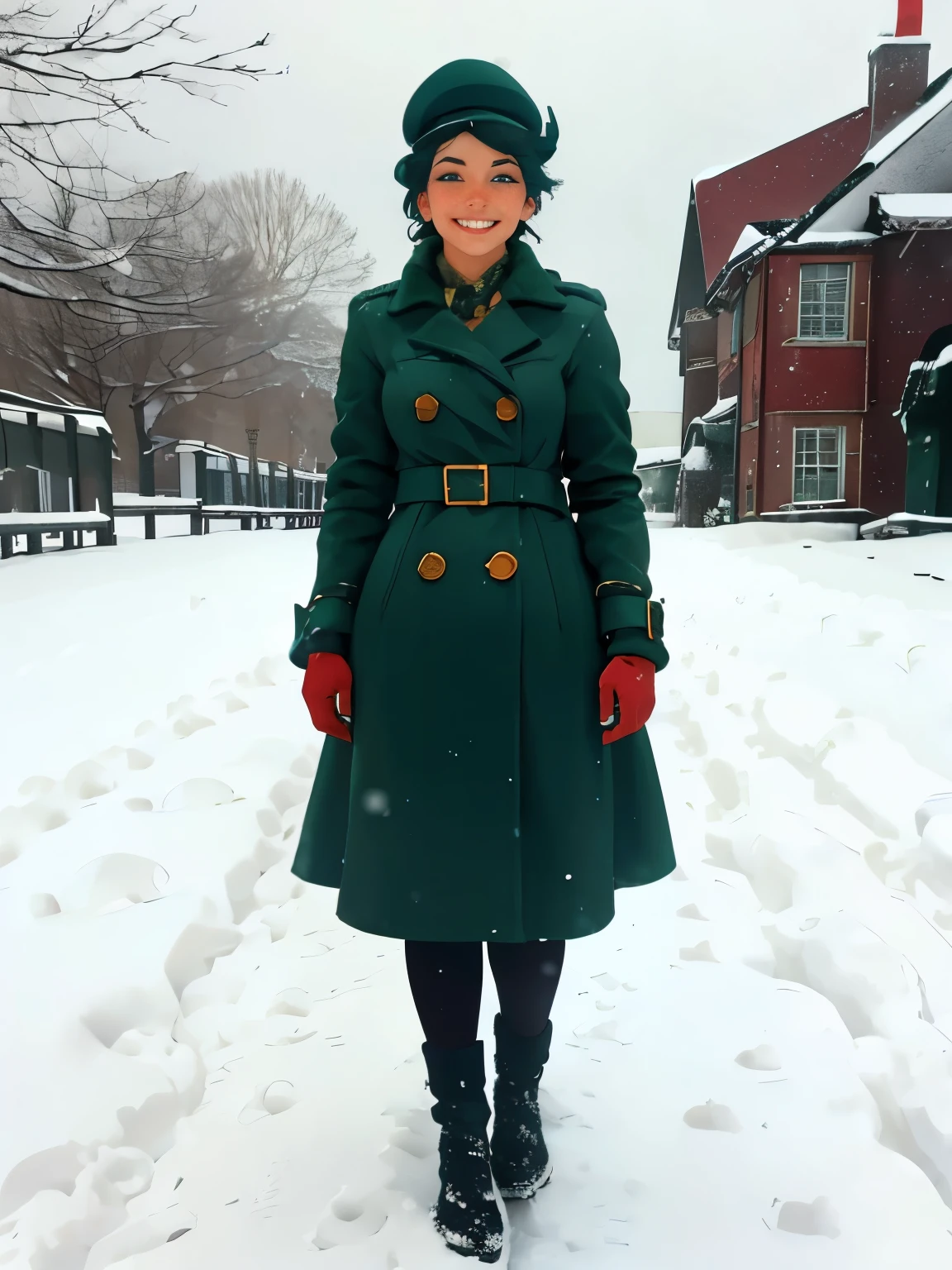 woman in green coat and hat standing in snow covered area, standing in the snow, in the snow, dressed like in the 1940s, stylish coat for a rave, victorian style costume, in snow, ww2 era, victorian inspired clothing, full body:: snow outside::, with teal clothes, copper and deep teal mood, gothic coat