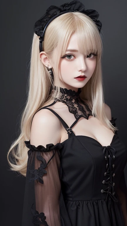 Silver Hair、(masterpiece, Highest品質, Highest, Official Art, beautifully、beautiful, exposed for a long time: 1.2), Smooth movement, Attractive patterns, 1 girl, (Dresses with sleeves: 1.4), Upper Body close-up, Expose your shoulders, Chinese Girl, blush, Black lob hair, Portraiture, alone, Upper Body, Observing the observer, 詳細なbackground, Detailed face, Controlling the Wind, Dynamic pose, Aether Dynamics, background, Great atmosphere,blonde, Plump face,Random Pause, Big Breasts,Browsing Caution:1.8、(Browsing Caution:1.3),(((An elegant black gothic lolita style dress、black gothic dress、Beautiful dress、Super Luxury Dresses)))、