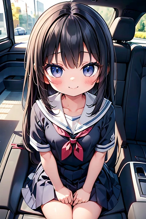 One person、Long Hair、、Black Hair、With bangs、6 year old girl、small、1st grade elementary school students、Baby Face、smile、Big eyes、barefoot、black eye、cute、Are thin、Very small breasts、School uniforms、身長のsmall、((In the car))、Luxury vehicles、Bare Skin、Show the whole body、(Circular muzzle)