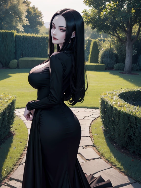 Morticia Addams, wearing black dress cleavage showing, pale white skin, black hair, beautiful detailed eyes, big round breasts, slim waist, wide hips, slim body, ; PhotoRealistic, Ultrarealistic, highres, 8k; garden behind her house, night time, bending over ass view