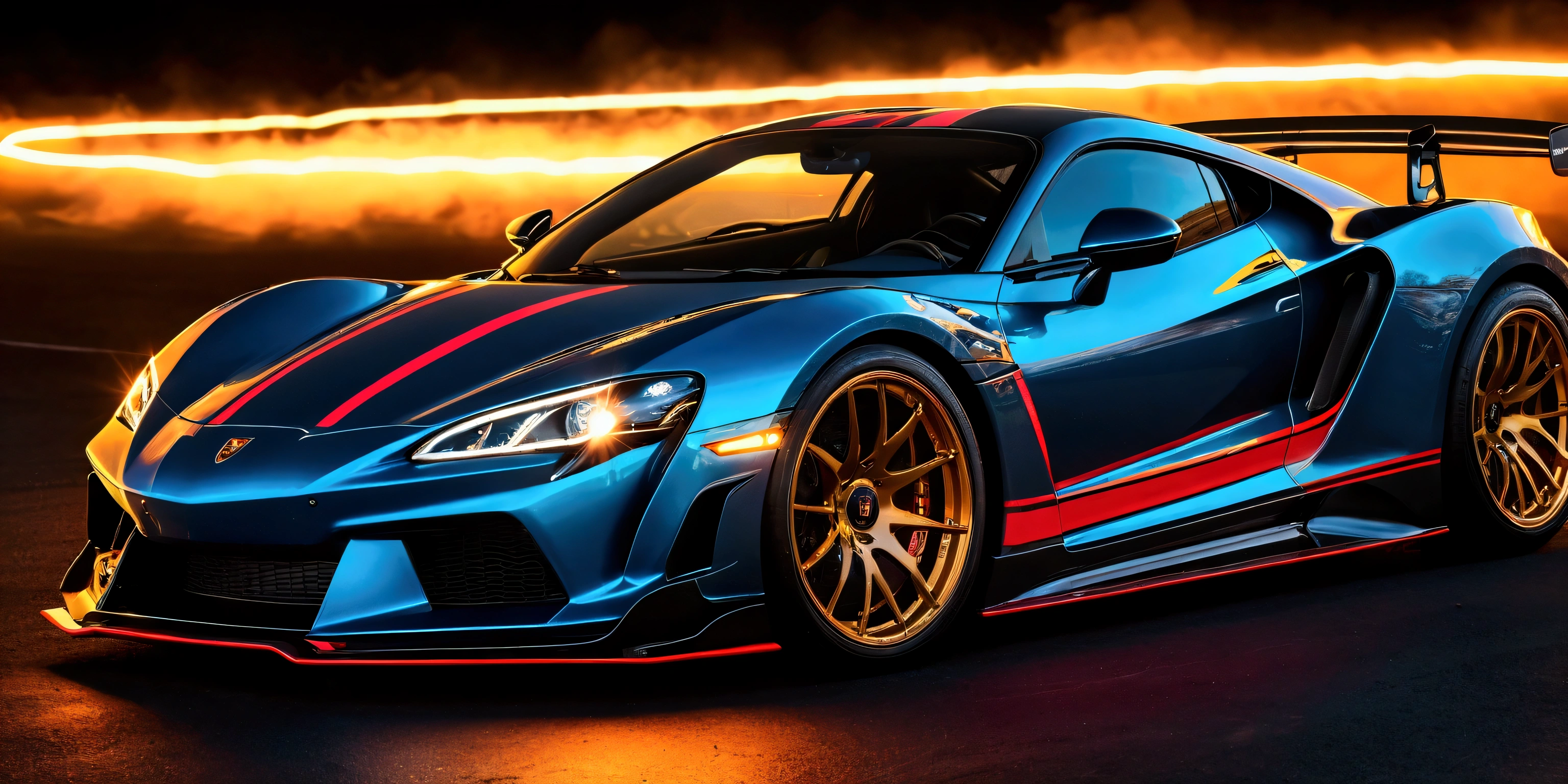 Angelic sports car, sharp, detailed car body ,ethereal art, detailed tires, fire scene, (masterpiece, best quality, ultra-detailed, 8K), race car, street racing-inspired, Drifting inspired, LED, ((Twin headlights)), (((Bright neon color racing stripes))), (Black racing wheels), Wheel spin showing motion, Show car in motion, Burnout, wide body kit, modified car, racing livery, masterpiece, best quality, realistic, ultra high res, (((depth of field))), (full dual color neon lights:1.2), (hard dual color lighting:1.4), (detailed background), (masterpiece:1.2), (ultra detailed), (best quality), intricate, comprehensive cinematic, magical photography, (gradients), glossy, Fast action style, fire out of tail pipes, Sideways drifting in to a turns, Neon galaxy metalic paint with race stripes, GTR Nismo, NSX, Porsche, Lamborghini, Ferrari, Bugatti, Ariel Atom, BMW, Audi, Mazda, Toyota supra, Lamborghini Aventador, aesthetic, intricate, realistic, cinematic lighting,