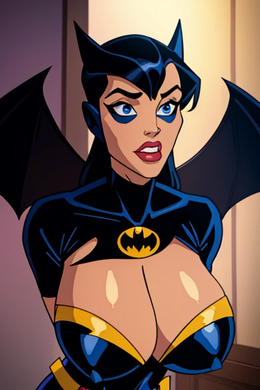 Batman transformed into a docile sexy female bimbo with huge breasts and thick lips