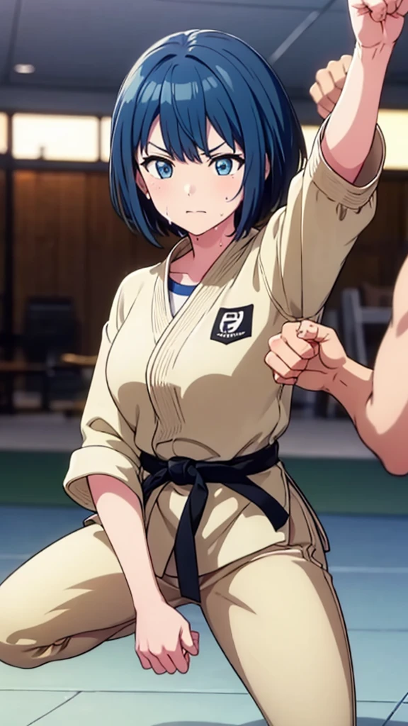 ((masterpiece, Highest quality, Very detailed, Very nice 8K CG wallpaper)), , A little thick, Medium Hair, Blue Hair, short hair, blue eyes,judo player、長袖judo着、Large bust、ロングjudoパンツ、judo、Serious expression、Inside the judo Gymnasium、、On the tatami、discovery、One Girl、Combat Stance、A tough fight、haruka kiritani、Bust Size C Cup、Clenched hands(punch:1.3)、Spread your legs、Sweating
