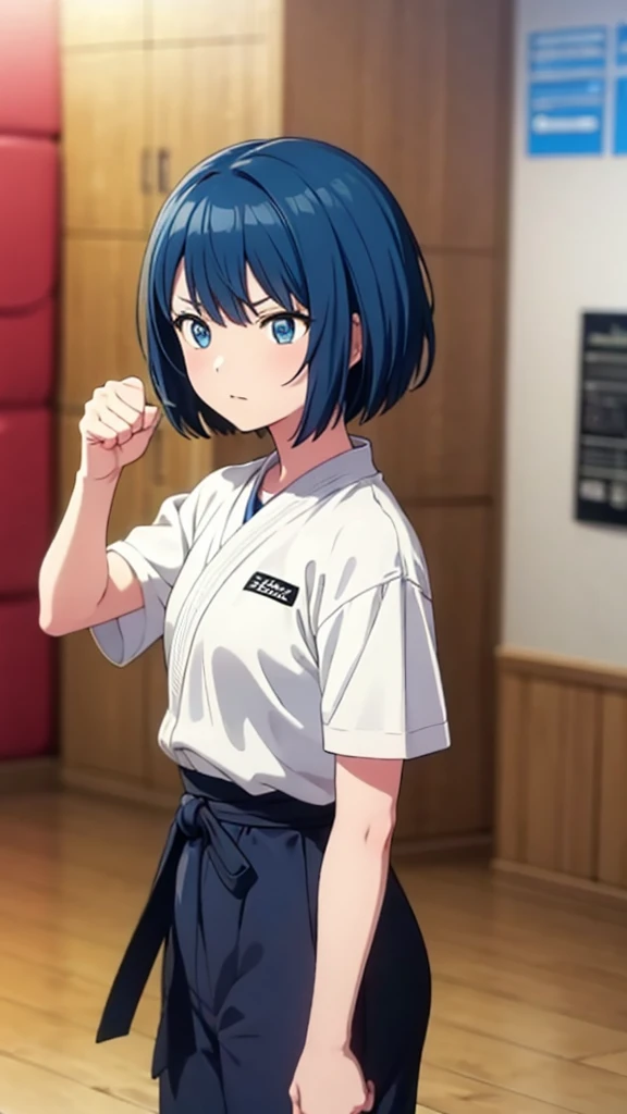 ((masterpiece, Highest quality, Very detailed, Very nice 8K CG wallpaper)), , A little thick, Medium Hair, Blue Hair, short hair, blue eyes,judo player、長袖judo着、Large bust、ロングjudoパンツ、judo、Serious expression、Inside the judo Gymnasium、、On the tatami、discovery、One Girl、Combat Stance、A tough fight、haruka kiritani、Bust Size C Cup、Clenched hands(punch:1.3)、Spread your legs