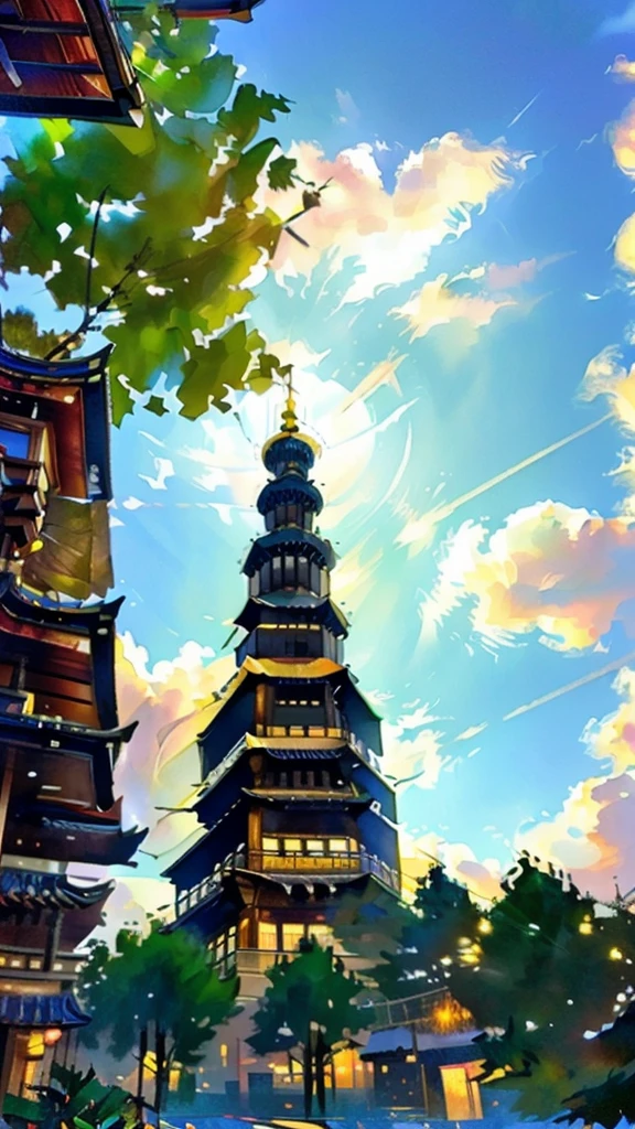 there are three glass ornaments Hanging from a wooden structure, Wind Chimes, Hanging, From afar, Sunny morning light, pagoda with a lot of Wind Chimes, Interesting details, Amazing details, Mid-range close-up shot, Lots of details, The sun is shining, Decorations, Photo taken with Sony A7R, Hanging lanterns, summer morning light, Extremely sharp details