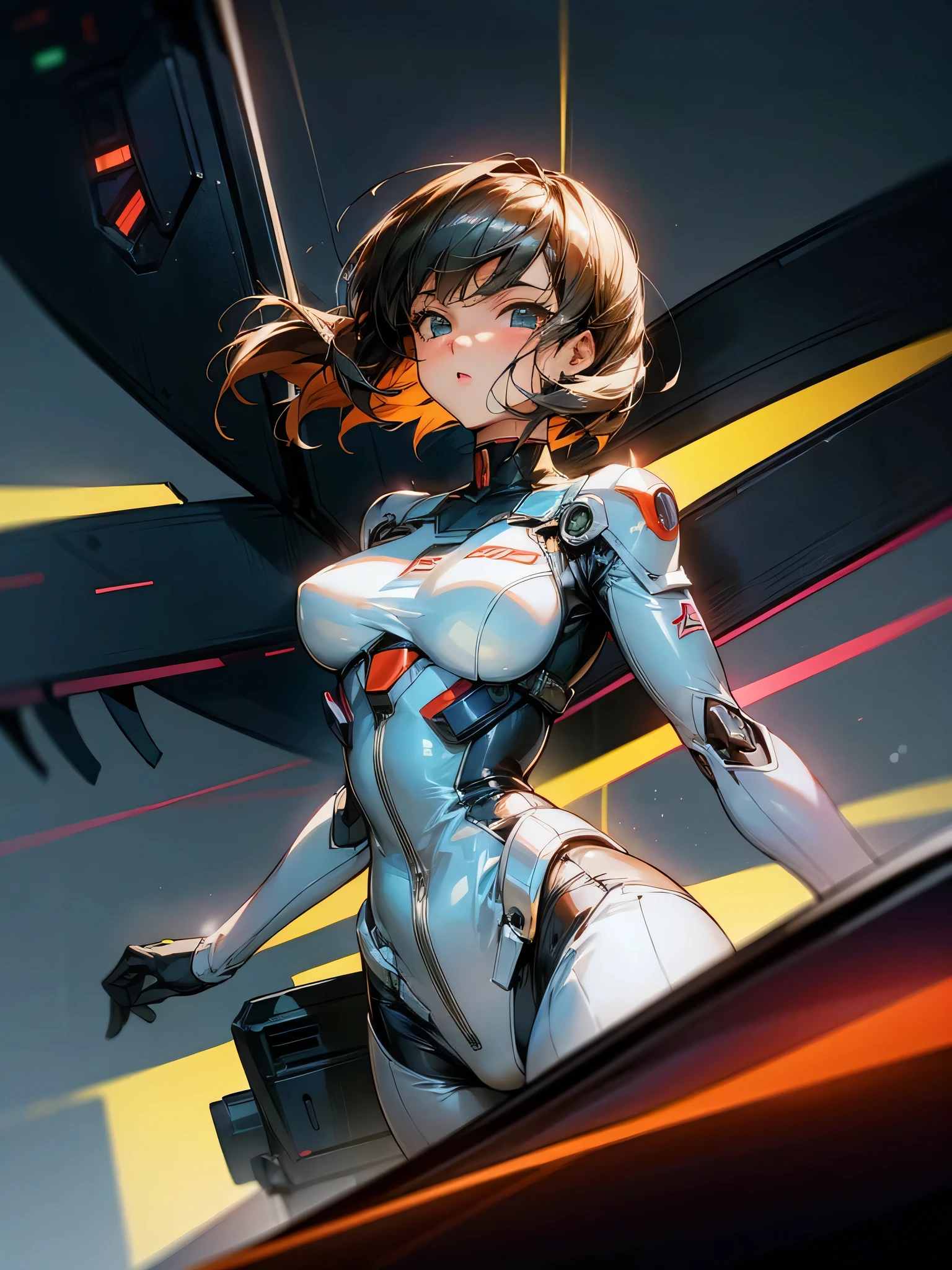 retro-futuristic, Showa-era anime-style sexy female pilot. The character should be inspired by works like Kiyoshi Kurosawa, gundam, and Electronic Lover. Incorporate elements of double exposure, complex art, and a glamorous Asian girl. The style should be anime-like, with perfect symmetry. The overall design should be anime-beautiful, with epic, intricate details. The design should blend classic Showa-era anime style with high-tech details, showcasing her dynamic and expressive poses in a body tight, chrome and reflective pilot suit. She should have a youthful, sexy appearance with a vibrant and slightly flirtatious demeanor. The background should be pure white. High resolution, ultra-detailed, cinematic lighting, anime style, robotic background.