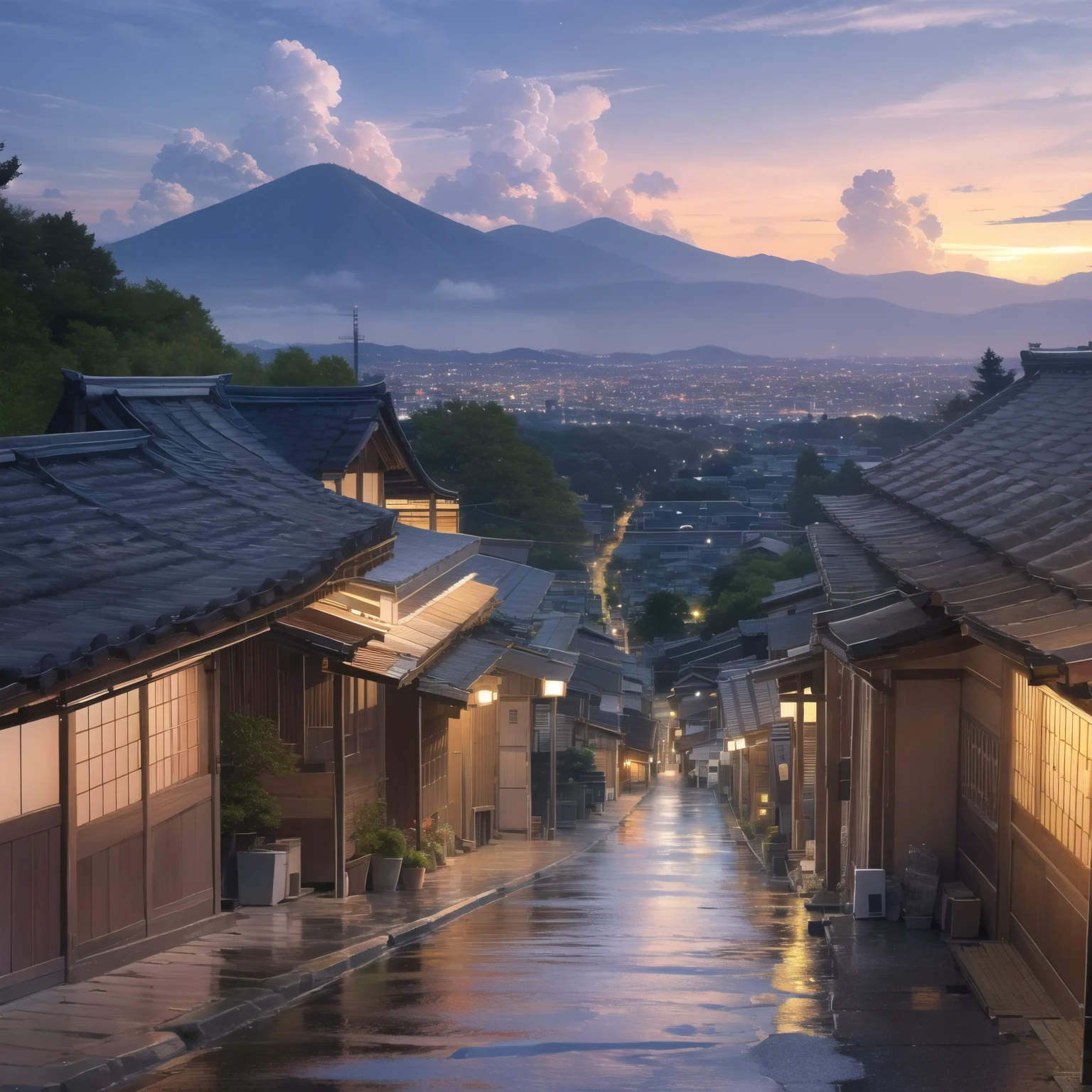 Kyoto seen from afar、Old house、Old store、Old inn、old road、evening、Sunset、after the rain