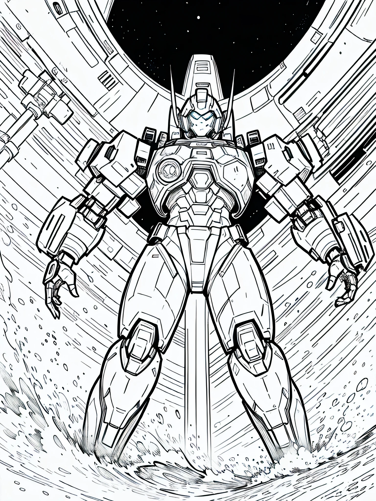 masterpiece, Best Quality, a mecha in the space, closeup Line art, monochrome, clean lines, black and white, his summer, coloring book page,  