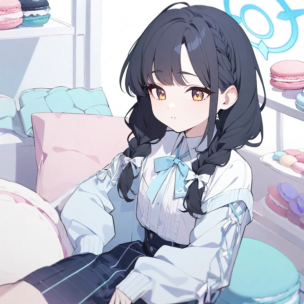 {{best quality}}A girl, Black hair, Amberlish eyes, Braids hair, Teal gradiant to blue halo, Soft girl, ,Dark blue skirt,long sleeves,White ribbons at the end of her braids,Macarons,Blue archive styles,teenager,18 years old