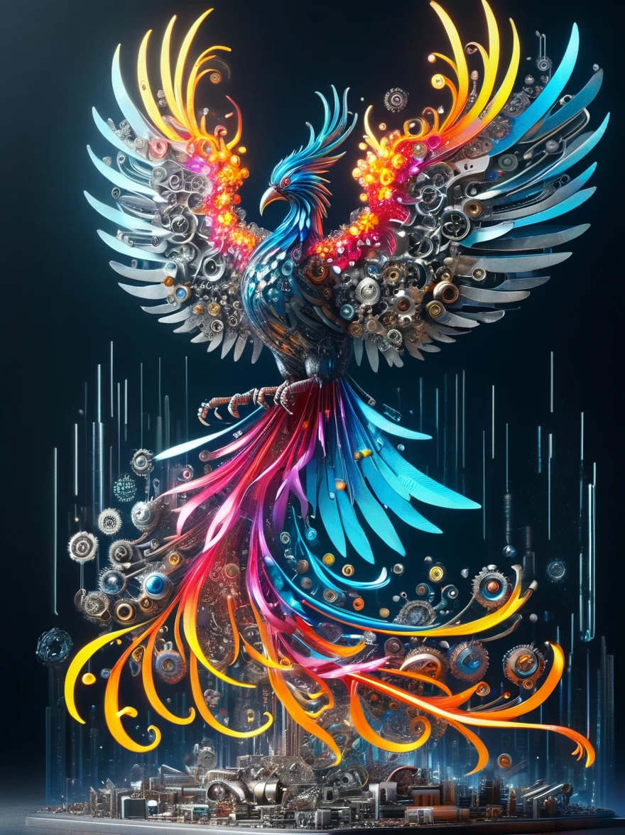 (3D，mechanical感，cute，ais-scrapyrd Phoenix，mechanical)，Colorful neon lights，高科技mechanical部件，Metal body，Detailed Vibranium Flower Design，Vibrant colors，Dynamic glowing flowers，Reflective metal surface，Bright environment，Dynamic poses，Exquisite existence，Skills Improvement，互锁mechanical齿轮，Stylish design，motion blur effect，Detailed metal treatment，Sci-fi atmosphere，Streamlined aerodynamic shape，Laser scanning pattern，Holographic projection，LED light track，Beautiful and unforgettable，Advanced sensors，Complex algorithms，Ominous and mysterious atmosphere，Electric Spark，Shiny chrome，Propulsion systems of the future，(Best quality，8k，high resolution，masterpiece:1.2)，Super detailed，(whole body:1.8)​