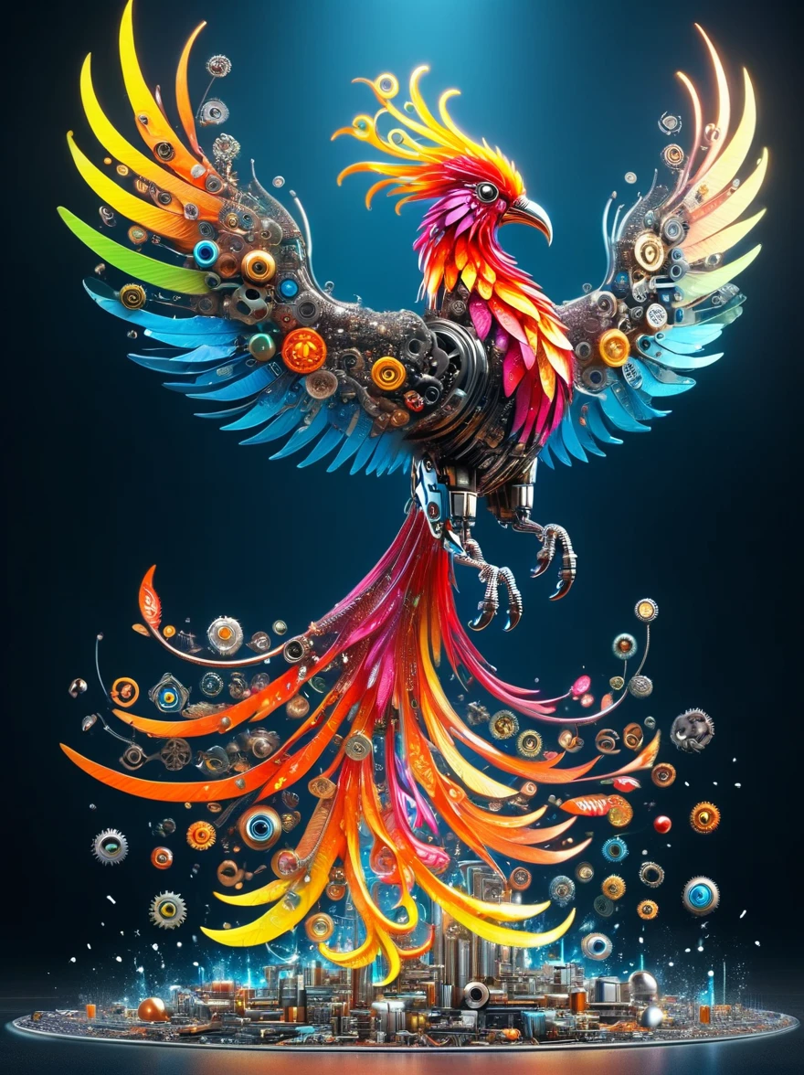 (3D，mechanical感，cute，ais-scrapyrd Phoenix，mechanical)，Colorful neon lights，高科技mechanical部件，Metal body，Detailed Vibranium Flower Design，Vibrant colors，Dynamic glowing flowers，Reflective metal surface，Bright environment，Dynamic poses，Exquisite existence，Skills Improvement，互锁mechanical齿轮，Stylish design，motion blur effect，Detailed metal treatment，Sci-fi atmosphere，Streamlined aerodynamic shape，Laser scanning pattern，Holographic projection，LED light track，Beautiful and unforgettable，Advanced sensors，Complex algorithms，Ominous and mysterious atmosphere，Electric Spark，Shiny chrome，Propulsion systems of the future，(Best quality，8k，high resolution，masterpiece:1.2)，Super detailed，(whole body:1.8)​