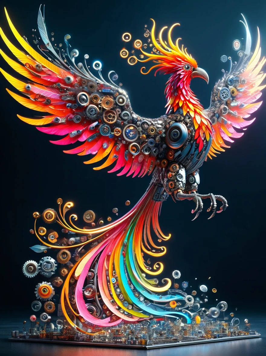 (3D，mechanical感，cute，ais-scrapyrd Phoenix，mechanical)，Colorful neon lights，高科技mechanical部件，Metal body，Detailed Vibranium Flower Design，Vibrant colors，Dynamic glowing flowers，Reflective metal surface，Bright environment，Dynamic poses，Exquisite existence，Skills Improvement，互锁mechanical齿轮，Stylish design，motion blur effect，Detailed metal treatment，Sci-fi atmosphere，Streamlined aerodynamic shape，Laser scanning pattern，Holographic projection，LED light track，Beautiful and unforgettable，Advanced sensors，Complex algorithms，Ominous and mysterious atmosphere，Electric Spark，Shiny chrome，Propulsion systems of the future，(Best quality，8k，high resolution，masterpiece:1.2)，Super detailed，(whole body:1.8)​