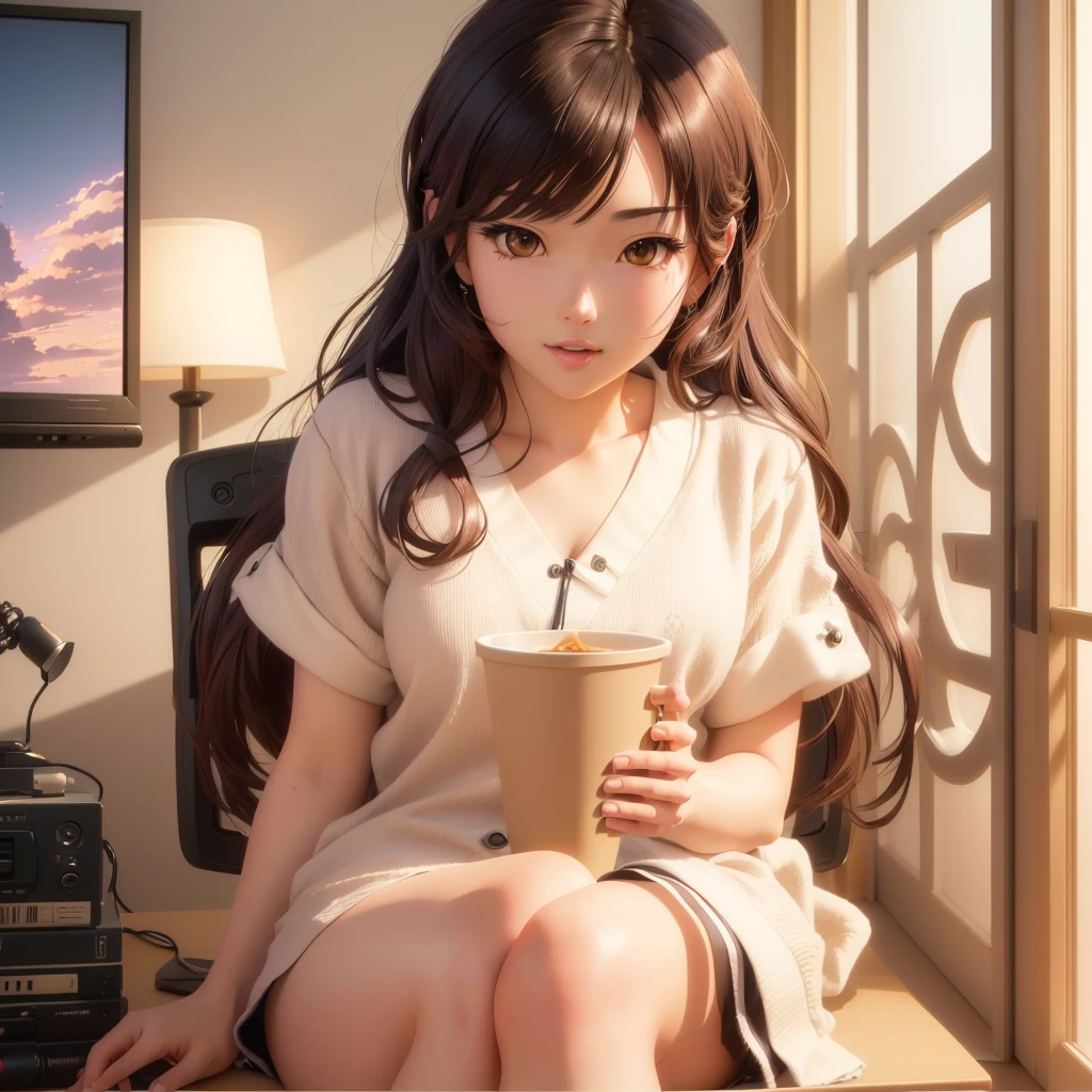 Close-up of a person sitting at a desk with a television, Smooth anime CG art, Anime very detailed, ( Highly detailed figures ), 8K high quality, detailed art, High quality and detailed animation, | Anime with attention to detail, Realistic Anime 3D Style, Hiro Yamagata, Eat and drink, Beautiful and detailed anime art, Half Yamada, Highly detailed official artwork